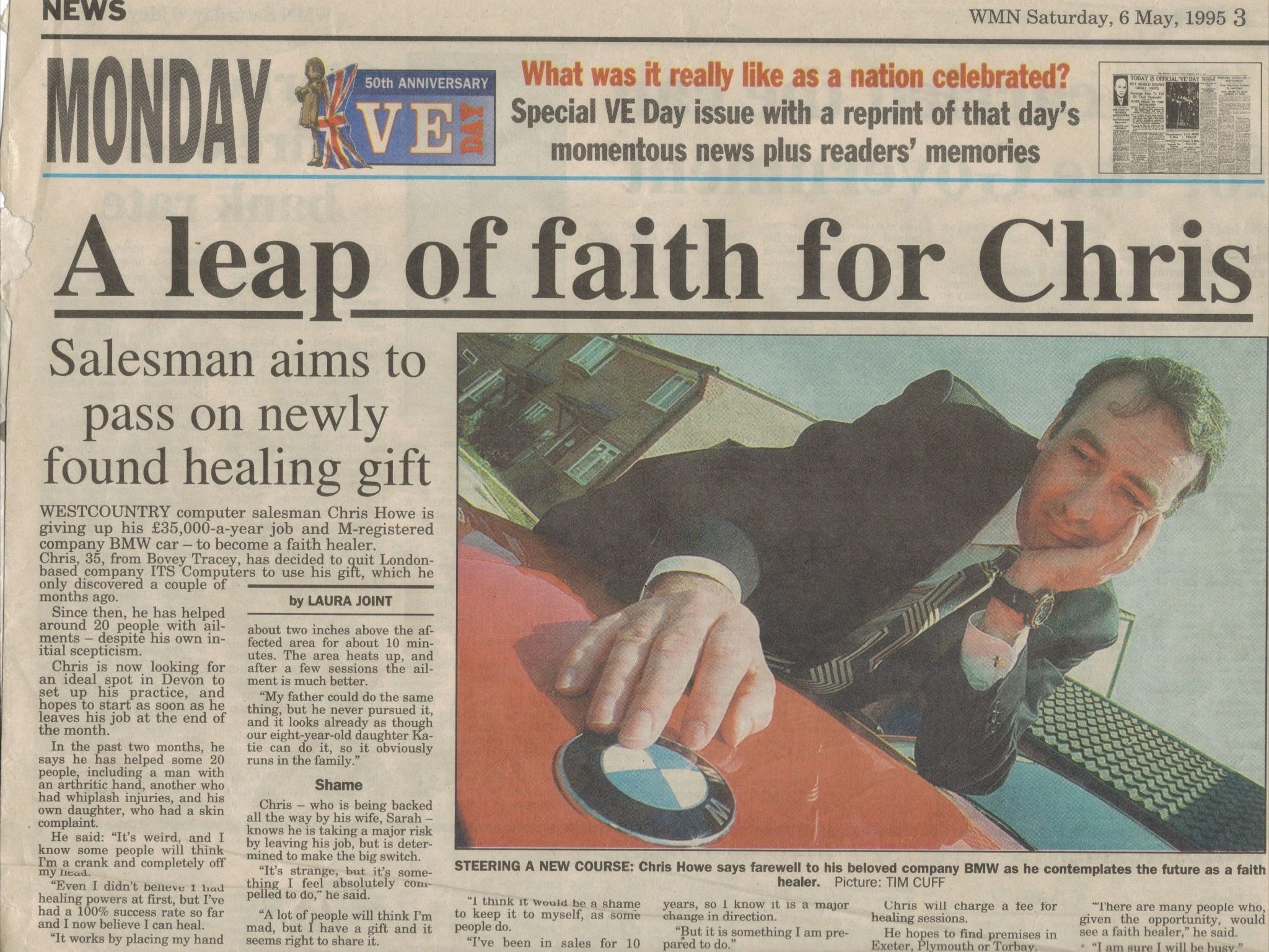 Newspaper cutting about Christopher Howe, faith healer